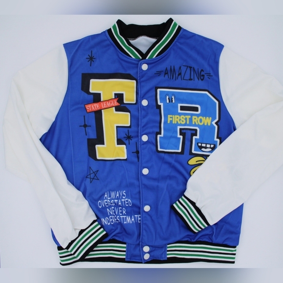Source Unknown Jackets & Blazers - Women’s 1XL Graphic Letterman Style Jacket Blue White Button Up